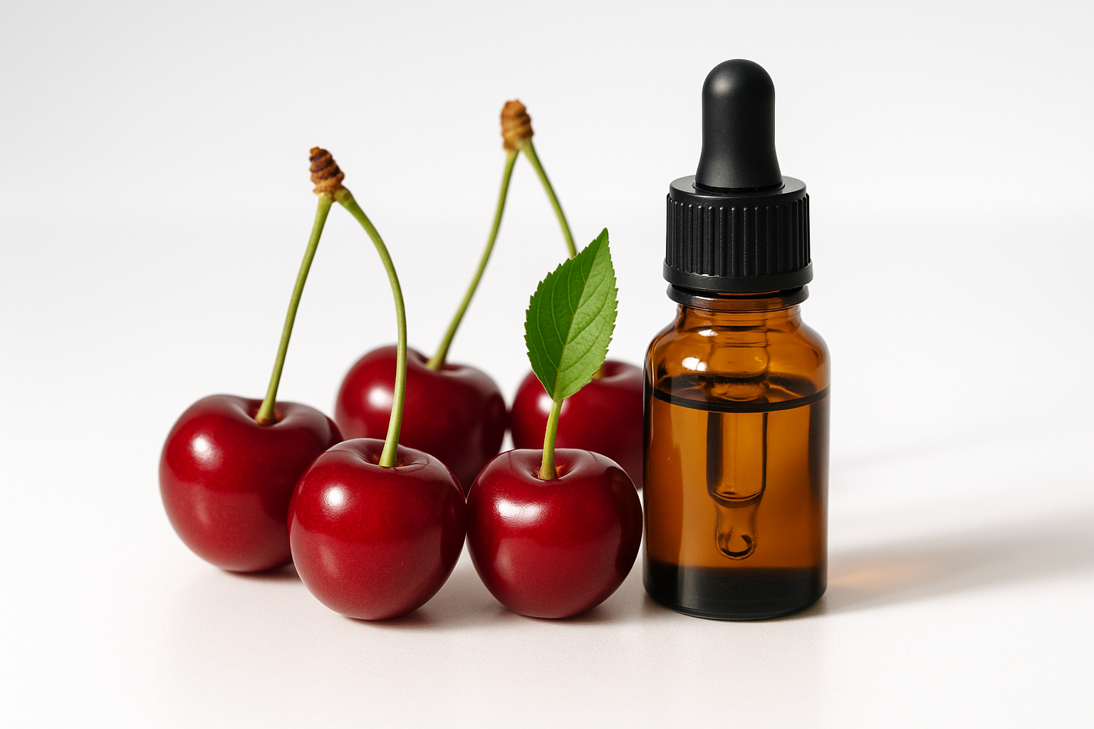 CHERRIES WITH AN ESSENTIAL OIL BOTTLE WITH A WHITE BACKGROUND