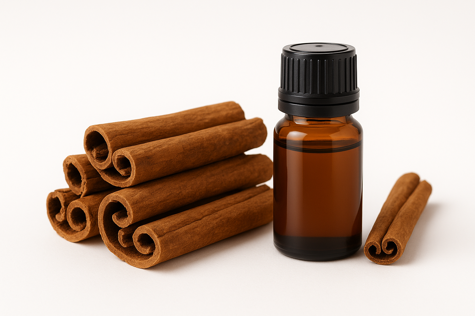CINNAMON BARK WITH A BROWN ESSENTIAL OIL BOTTLE AND A WHITE BACKGROUND