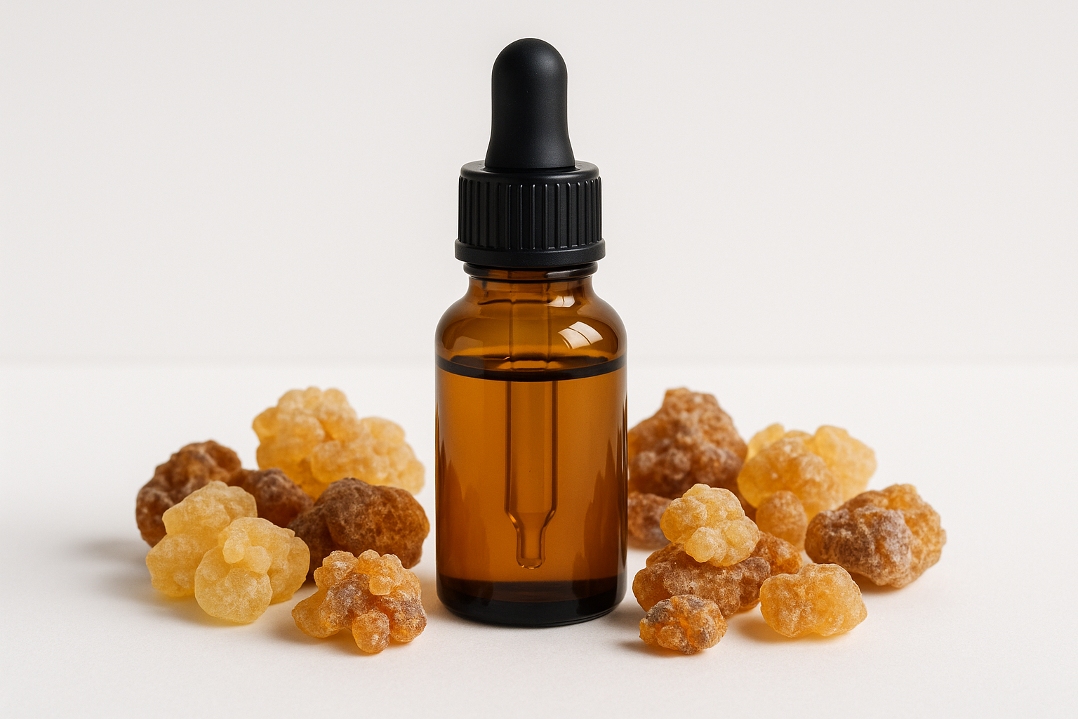 FRANKINCENSE AND MYRRH WITH AN ESSENTIAL OIL BOTTLE AND A WHITE BACKGROUND
