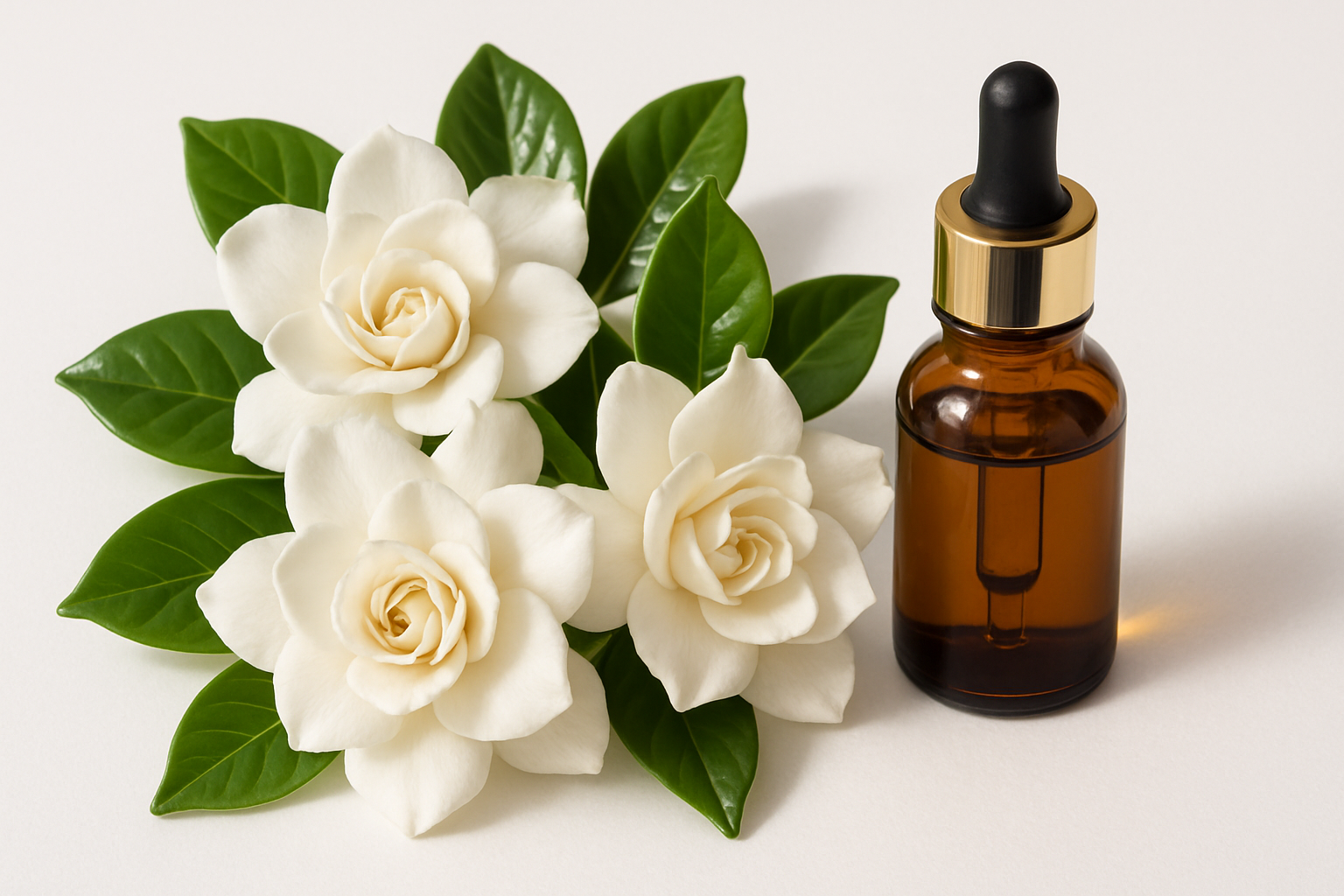 gardenia blossoms and an essential oil bottle on a white background