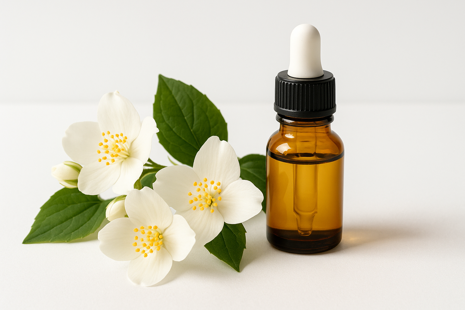 jasmine flowers with an essential oil bottle on a white background