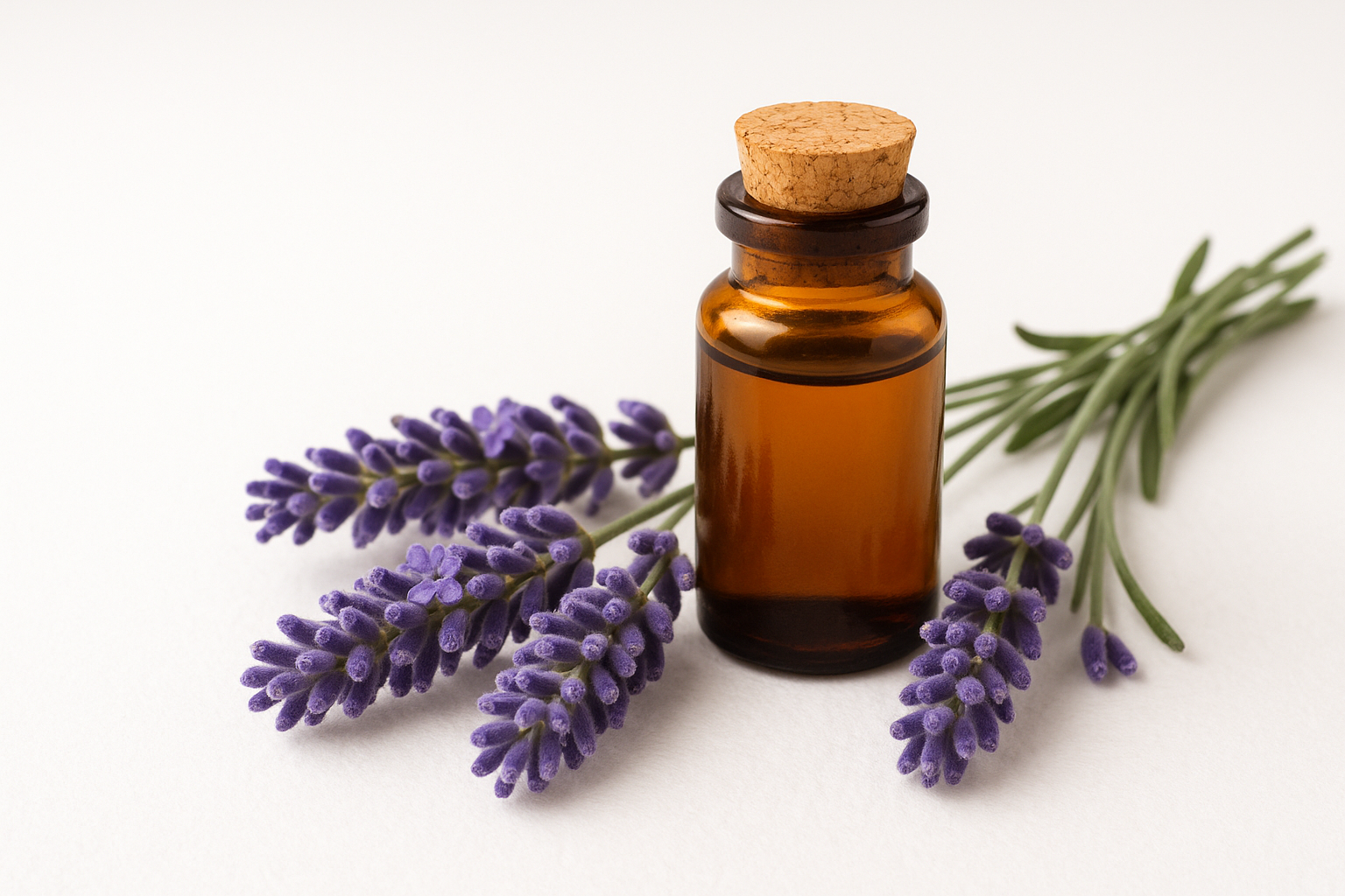 LAVENDER FLOWERS WITH AN ESSENTIAL OILS BOTTLE ON A WHITE BACKGROUND