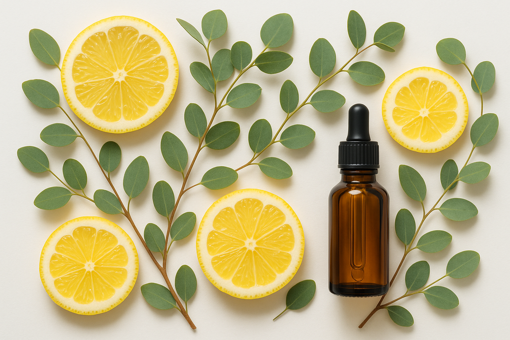 LEMON SLICES WITH EUCALYPTUS AND AN ESSENTIAL OIL BOTTLE ON A WHITE BACKGROUND