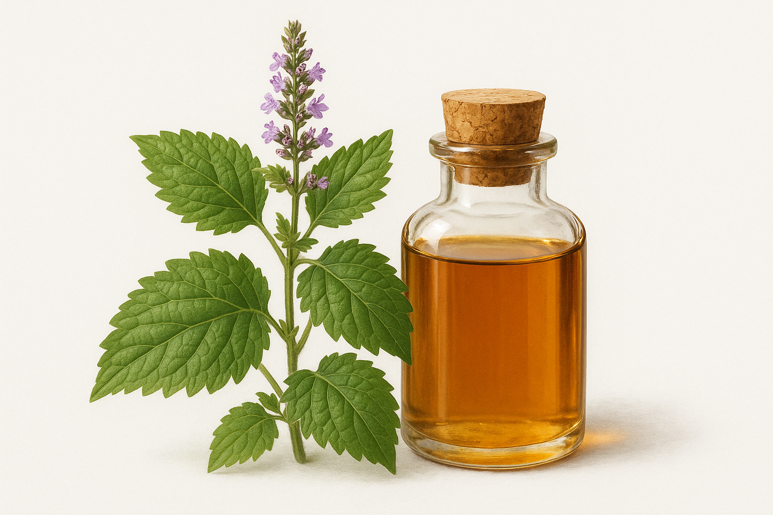 PATCHOULI WITH AN ESSENTIAL OIL BOTTLE AND A WHITE BACKGROUND