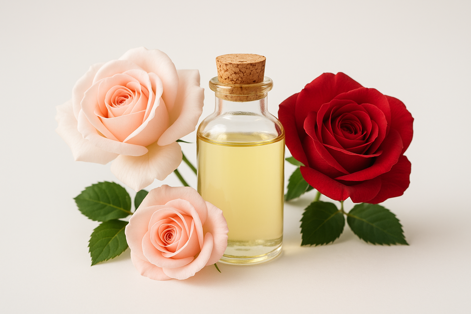 ROSES AND AN ESSENTIAL OIL BOTTLE WITH A WHITE BACKGROUND