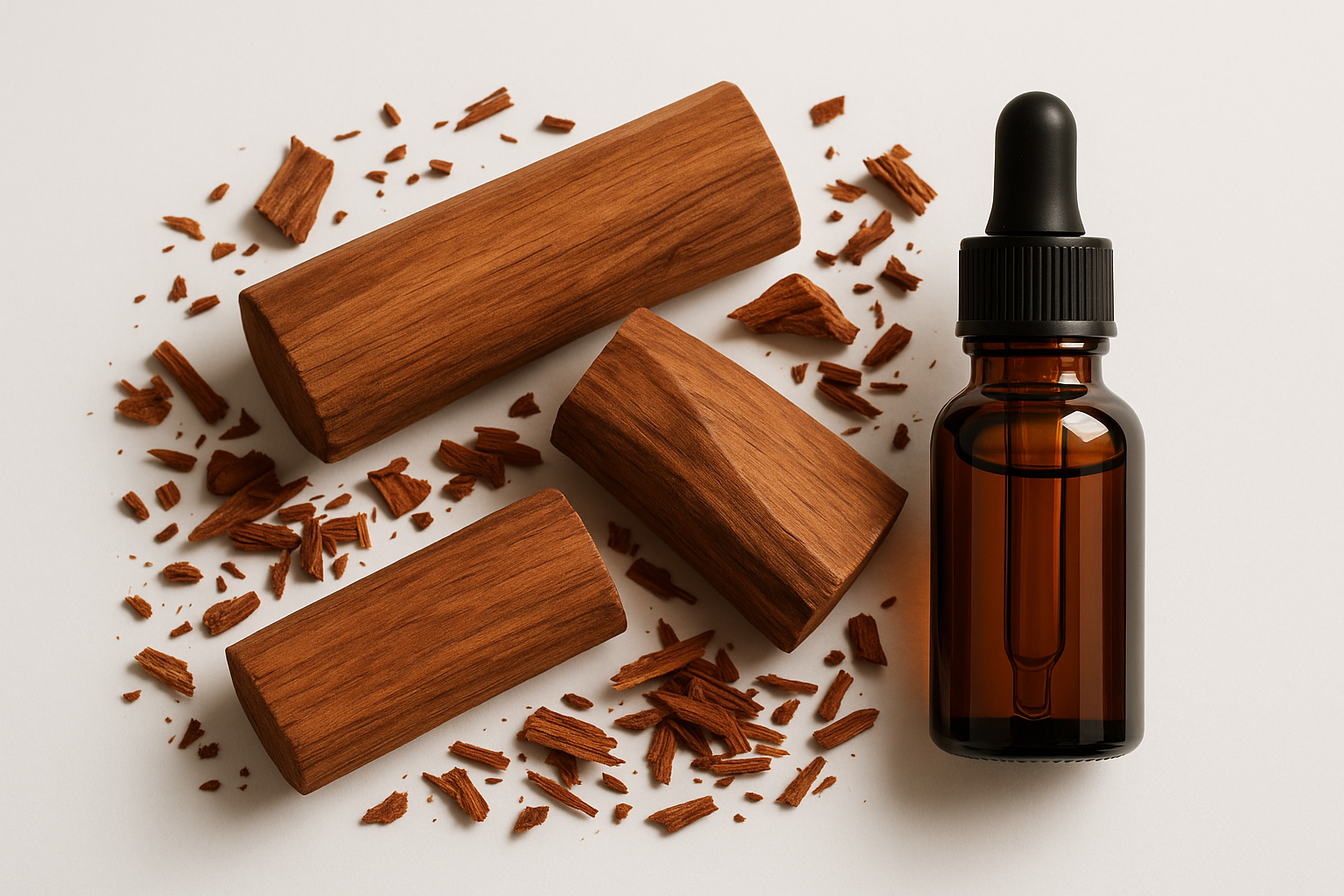 SANDALWOOD AND AN ESSENTIAL OIL BOTTLE AND A WHITE BACKGROUND