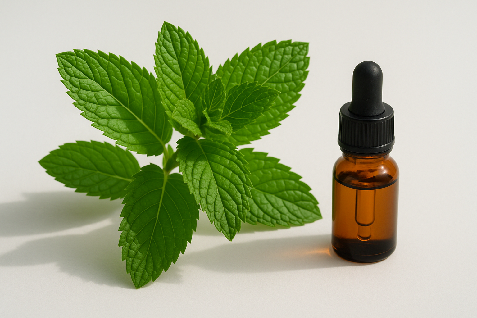 SPEARMINT LEAVES AND AN ESSENTIAL OIL BOTTLE ON A WHITE BACKGROUND