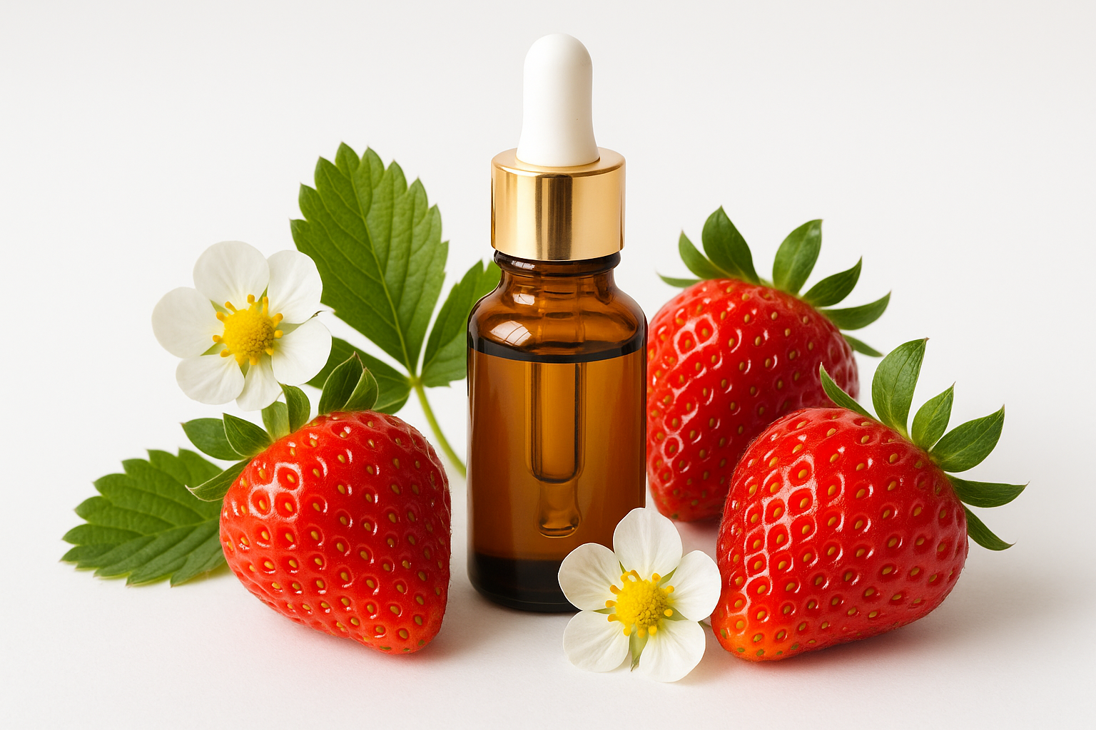 STRAWBERRIES AND STRAWBERRY BLOSSOMS WITH AN ESSENTIAL OIL BOTTLE AND A WHITE BACKGROUND