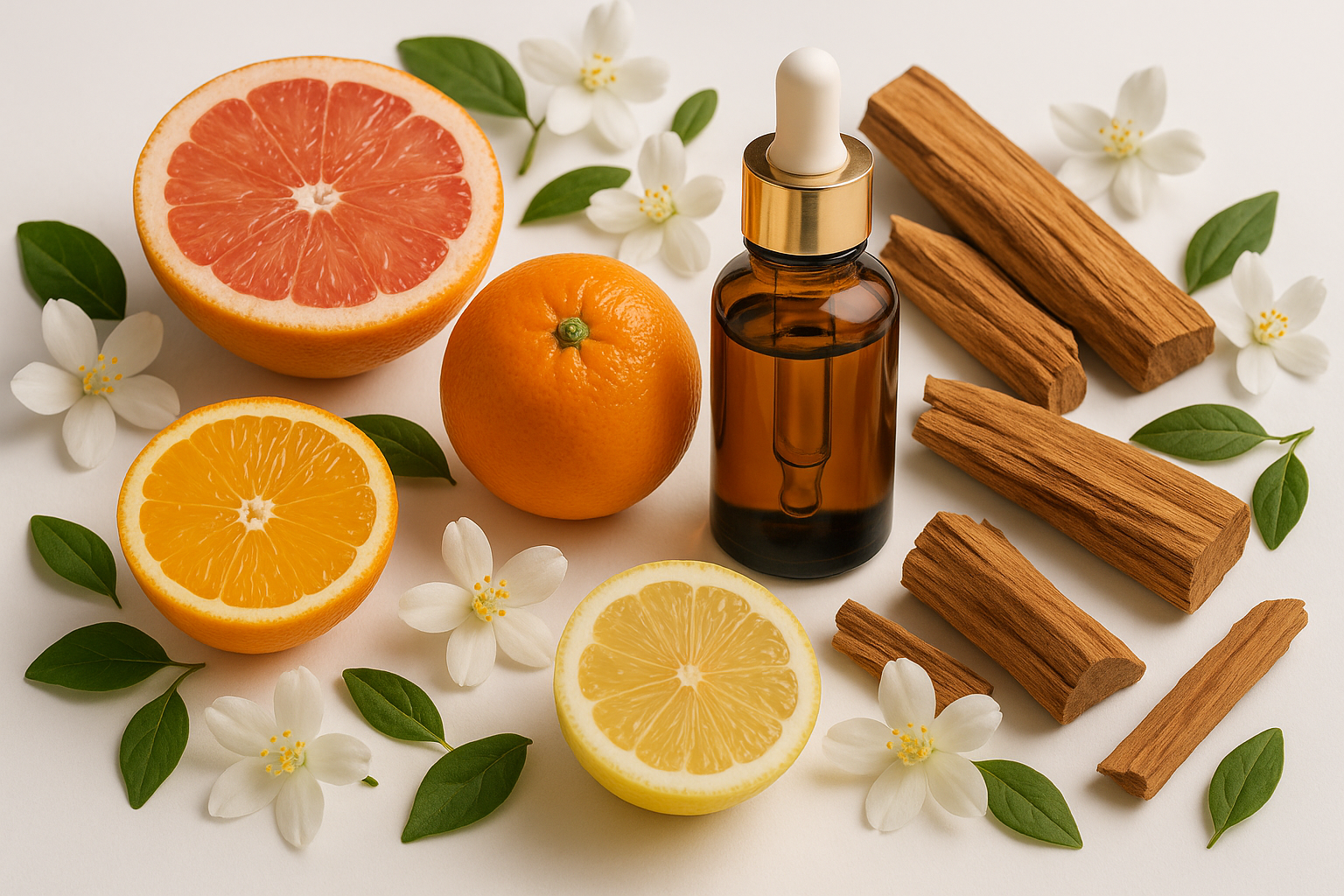SWEET CITRUS FRUITS WITH JASMINE FLOWERS AND EARTHY WOOD WITH AN ESSENTIAL OIL BOTTLE AND A WHITE BACKGROUND
