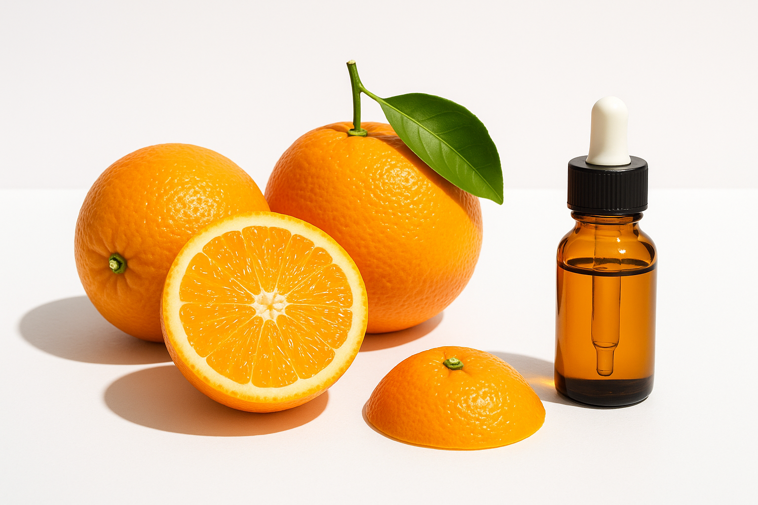 SWEET ORANGES WITH AN ESSENTIAL OIL BOTTLE AND A WHITE BACKGROUND