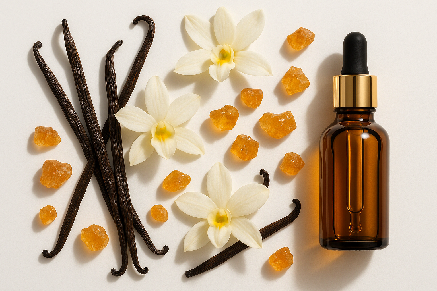 VANILLA BEANS AND BLOSSOMS AND AMBER MUSK WITH AN ESSENTIAL OIL BOTTLE AND A WHITE BACKGROUND