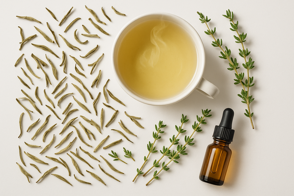 WHITE TEA LEAVES AND WHITE TEA AND THYME WITH AN ESSECTIAL OIL BOTTLE AND A WHITE BACKGROUND
