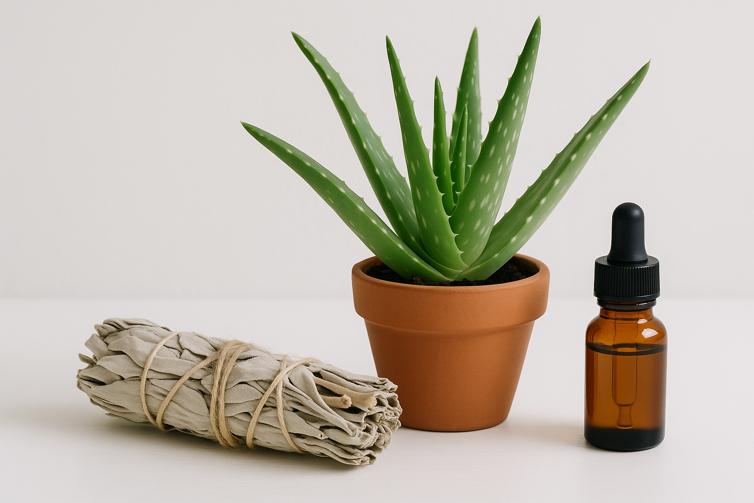 WILD WHITE SAGE STICK AND ALOE VERY PLANT WITH AN ESSENTIAL OIL BOTTLE AND A WHITE BACKGROUND